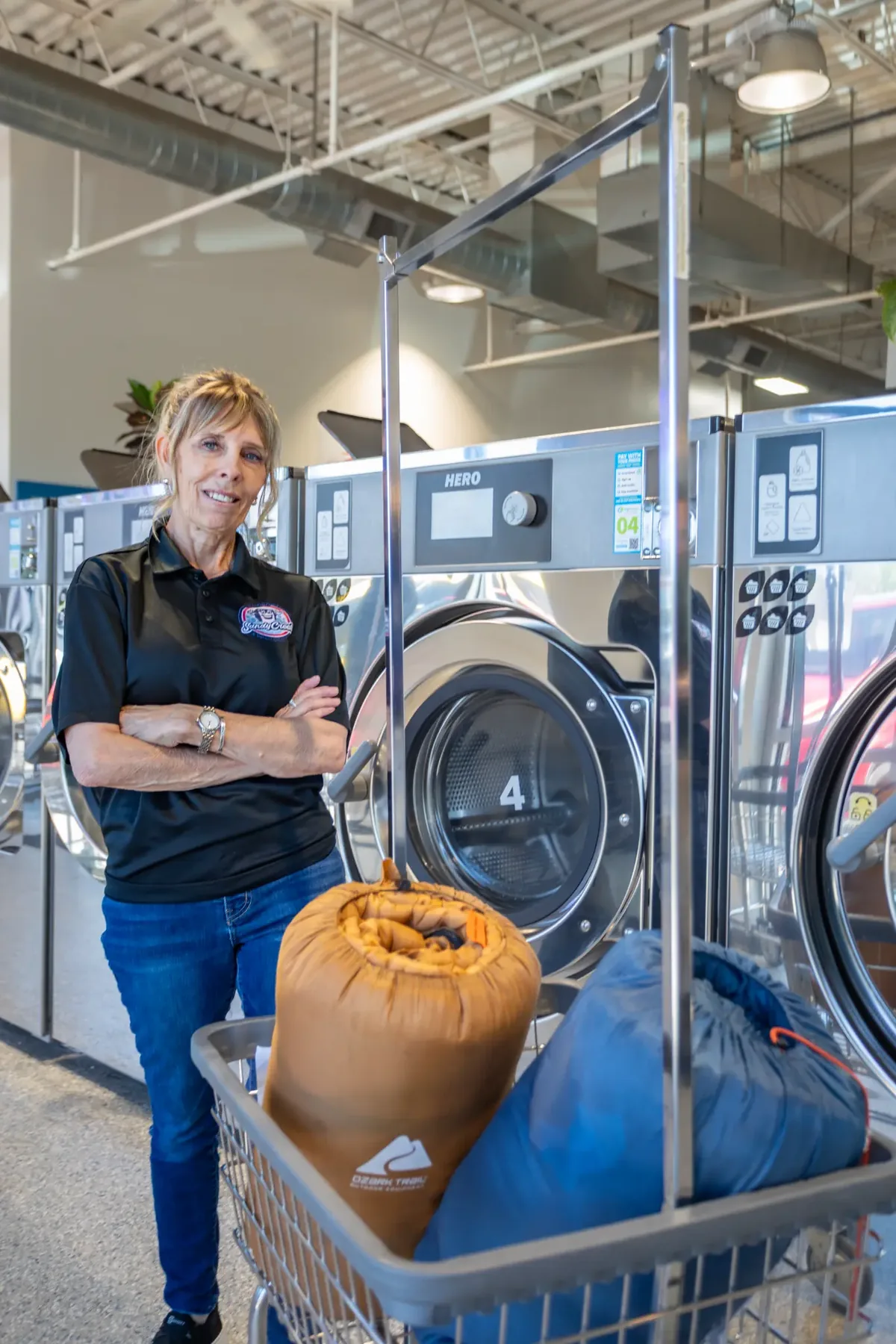 Commercial sleeping bag washing machine at Sandy Creek Laundromat — Colorado Springs laundromat